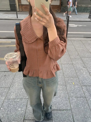 Autumn sailor collar frill check blouse