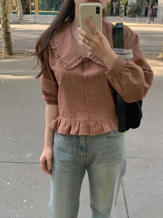 Autumn sailor collar frill check blouse