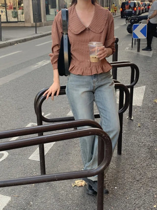 Autumn sailor collar frill check blouse