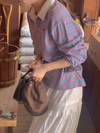 Casual Loose Fit Striped Long Sleeve Colored T-Shirt