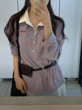 Casual Loose Fit Striped Long Sleeve Colored T-Shirt