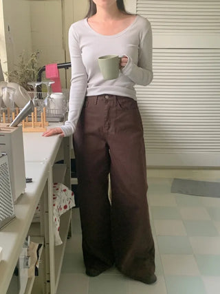 Round U-neck ribbed long-sleeved T-shirt