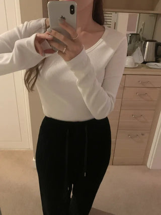 Round U-neck ribbed long-sleeved T-shirt