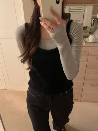 Round U-neck ribbed long-sleeved T-shirt
