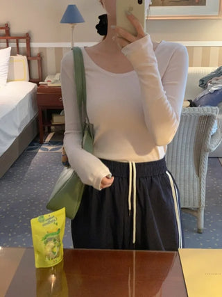 Round U-neck ribbed long-sleeved T-shirt