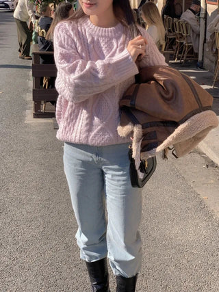 Loose-fit wool twist cable knit sweater