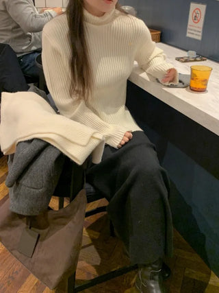 Whole Garment Wool Cashmere Ribbed Turtleneck Knit