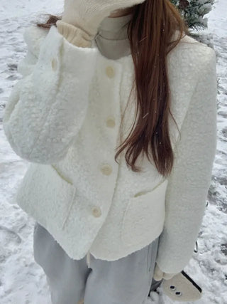 Cropped short collarless tweed boucle jacket