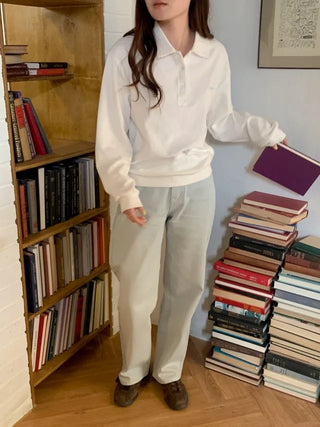 Cotton semi-wide denim pants