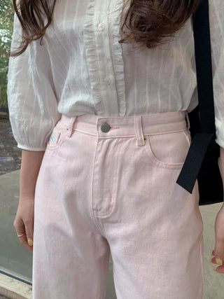 Cotton semi-wide denim pants