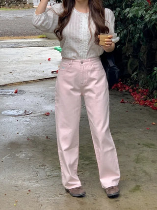 Cotton semi-wide denim pants
