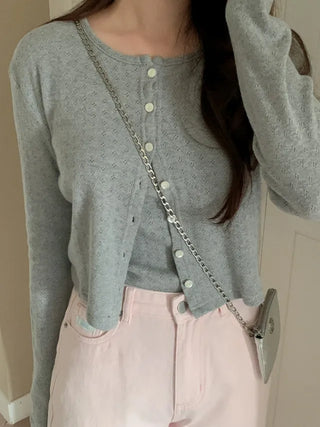 Perforated Cropped Eyelet Cardigan Set