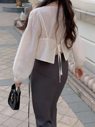 Ribbon bustier Tencel chiffon blouse