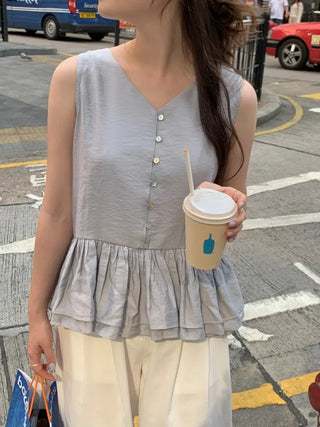V-neck frill sleeveless blouse