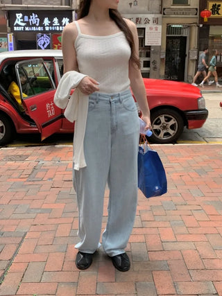 Light denim straight wide pants