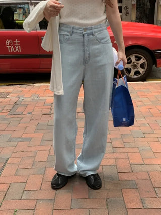 Light denim straight wide pants