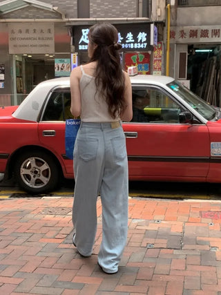 Light denim straight wide pants
