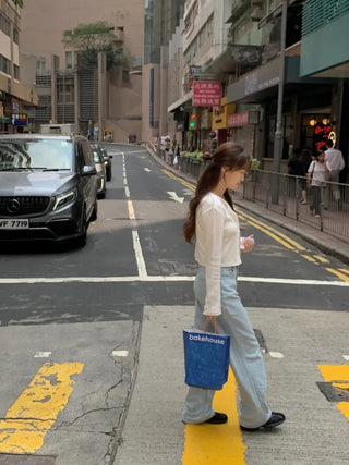 Light denim straight wide pants