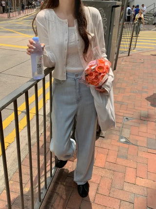 Light denim straight wide pants