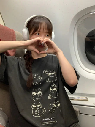 Cat Lettering Oversized Pigment Short-Sleeve T-Shirt