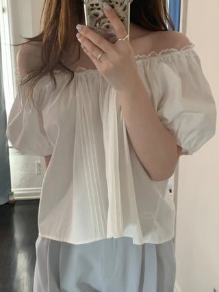 Shirred puff sleeve short-sleeved blouse