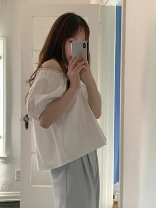 Shirred puff sleeve short-sleeved blouse