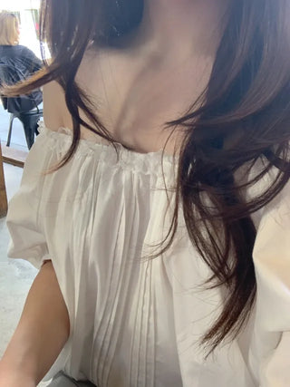 Shirred puff sleeve short-sleeved blouse