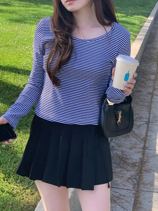 Long-sleeved U-neck ribbed striped T-shirt