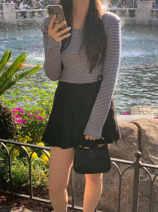 Long-sleeved U-neck ribbed striped T-shirt