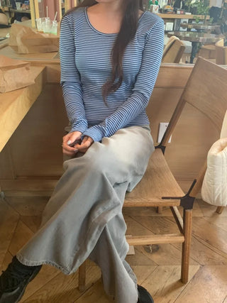 Long-sleeved U-neck ribbed striped T-shirt