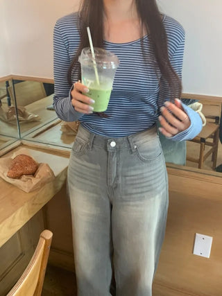 Long-sleeved U-neck ribbed striped T-shirt