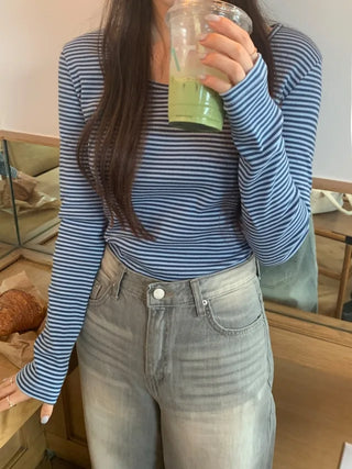 Long-sleeved U-neck ribbed striped T-shirt