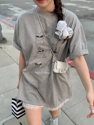 Cat Lettering Oversized Pigment Short-Sleeve T-Shirt