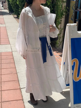 Elastic frill tiered long skirt