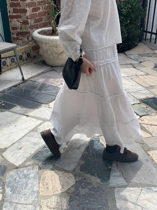 Elastic frill tiered long skirt