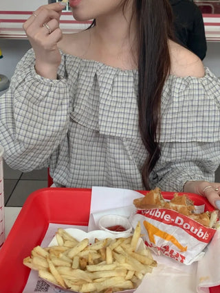 Checked frill loose fit off-shoulder blouse