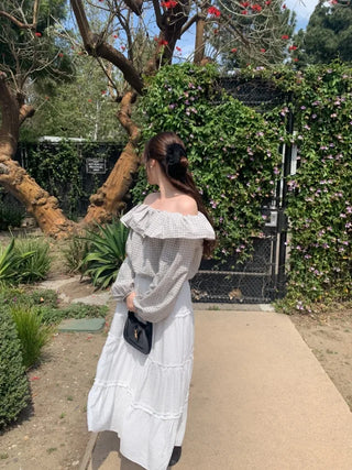Checked frill loose fit off-shoulder blouse