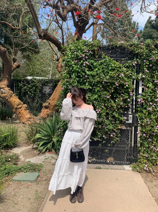 Checked frill loose fit off-shoulder blouse