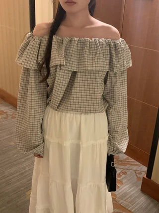 Checked frill loose fit off-shoulder blouse