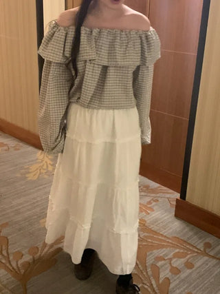 Checked frill loose fit off-shoulder blouse