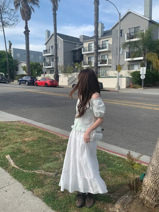 Elastic frill tiered long skirt