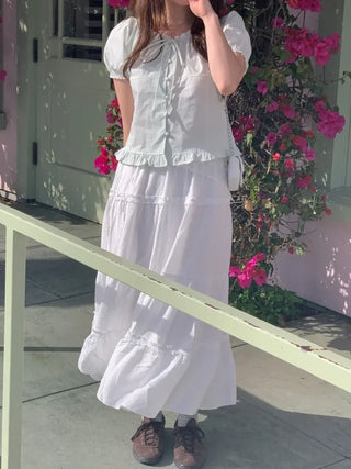 Ribbon lace shirred puff sleeve short blouse