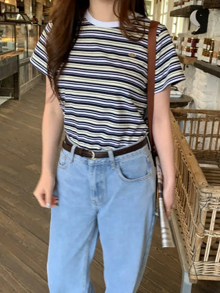 Striped cropped short-sleeved T-shirt