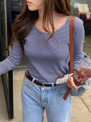 Long-sleeved U-neck ribbed striped T-shirt