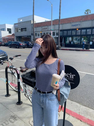 Long-sleeved U-neck ribbed striped T-shirt