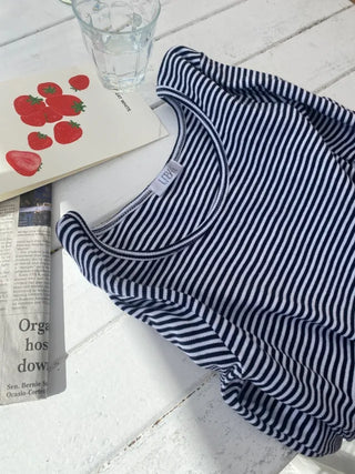 Long-sleeved U-neck ribbed striped T-shirt
