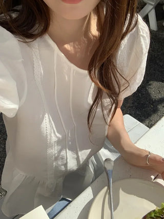 Lace frill puff short-sleeved layered blouse