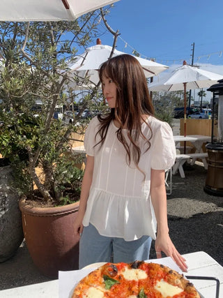 Lace frill puff short-sleeved layered blouse