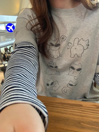 Long-sleeved U-neck ribbed striped T-shirt