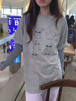 Cat Lettering Oversized Pigment Short-Sleeve T-Shirt
